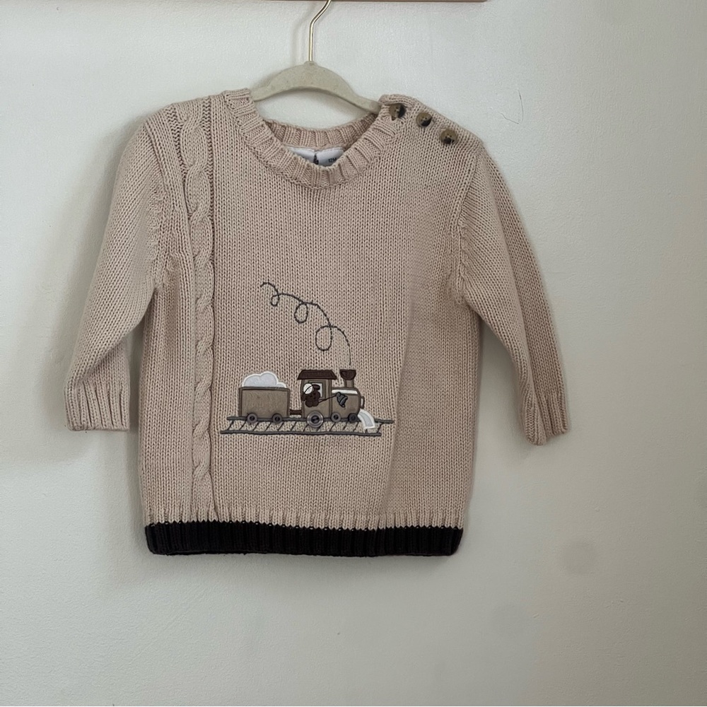 Vintage 100% cotton embroidered baby boy Beige Train Sweater no flaws 12 months